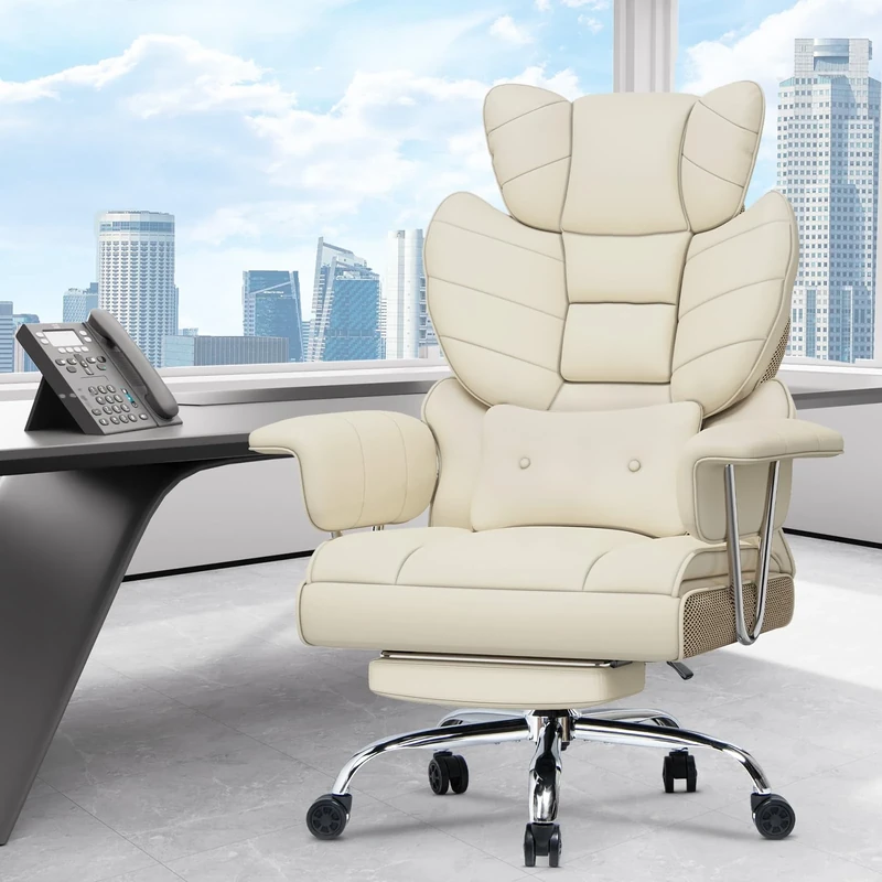 naspaluro High Back PU Leather Ergonomic Computer Recliner, Big Tall Executive Desk Office Chair with Armrests/Footrest, Comfy Heavy Duty Swivel Study Chairs, Adjustable Home Office Beige Work Chair