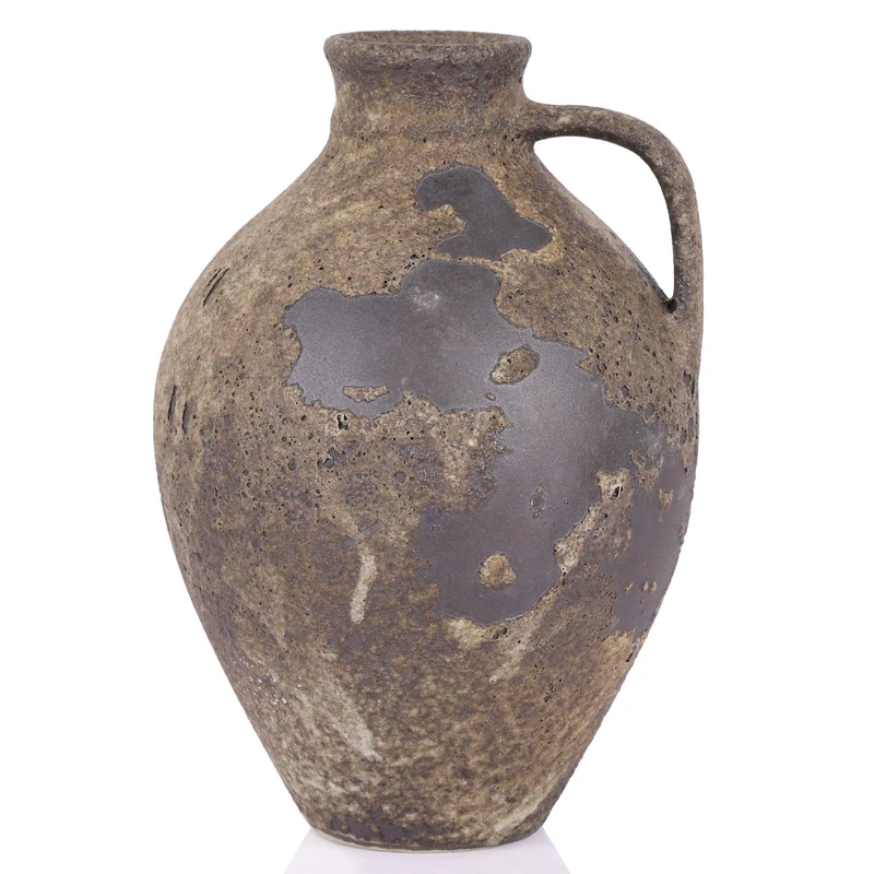 QIANLING Rustic Ceramic Stone Vase with Handle, Large Vintage Terracotta Vase for Home Decor, Farmhouse Style, Dining Table, Shelf, and Table Centerpieces