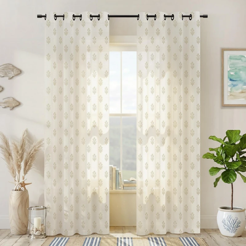Beige Curtains for Living Room,French Country Sheer Linen Boho Floral Pattern Modern Farmhouse Dining Room Curtains 84 Inch Length 2 Panels Set