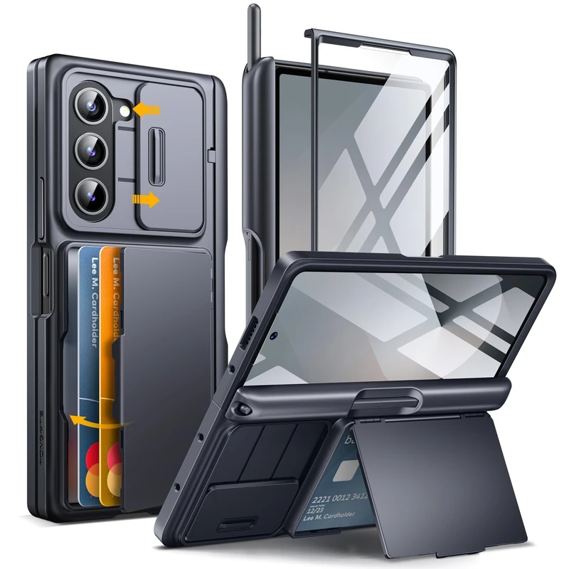 Tongate for Z Fold 6 Case, [with Card Holder & S Pen Holder] [Glass Screen Protector & Slide Camera Cover] Rugged Hinge Protection Wallet Kickstand Phone Case for Samsung Galaxy Z Fold 6, Black