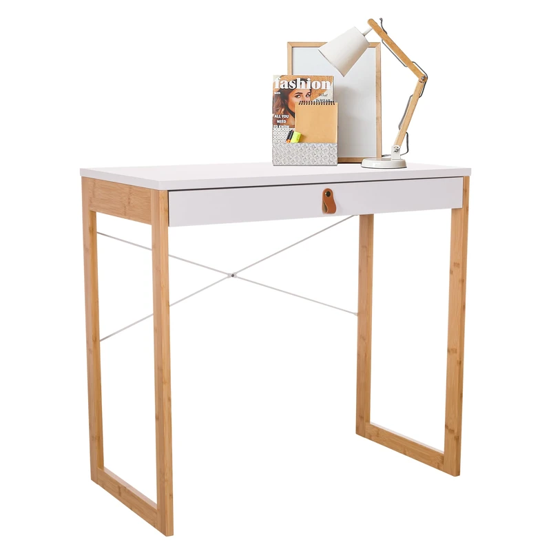 hjh LIVING Desk with 1 drawer 80x42 cm TAROLO II bamboo frame, small Scandinavian-style desk, computer desk, white - Image 1