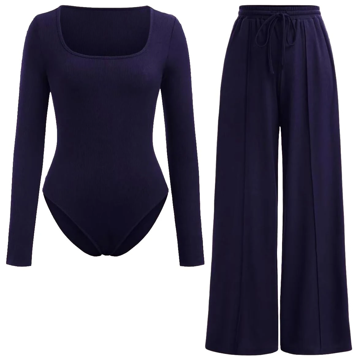 FAIRY BOUTIQUE Womens Long Sleeve Ribbed Bodysuit & Elastic Wide Leg Trouser 2 Piece Set Ladies Square Neck Bodysuit Trouser set Stretch Leotard Top Palazzo