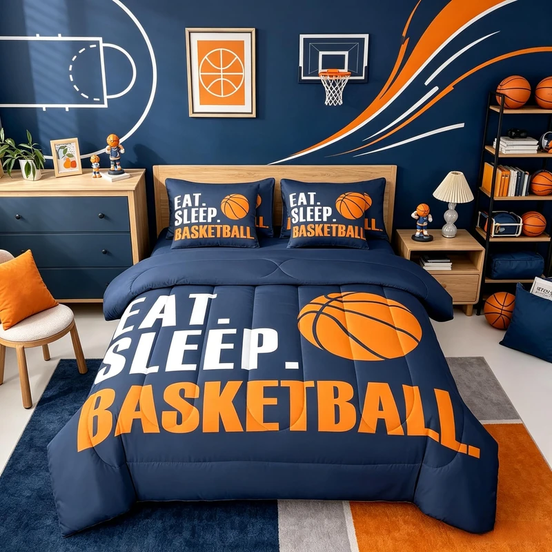 Feelyou Basketball Comforter Set 7 Piece 3D Ball Sports Bedding Full Comforter Set for Boys Girls Women Men Blue Eat Sleep Basketball Bedding Set Ball Games Room Decor Bed in a Bag