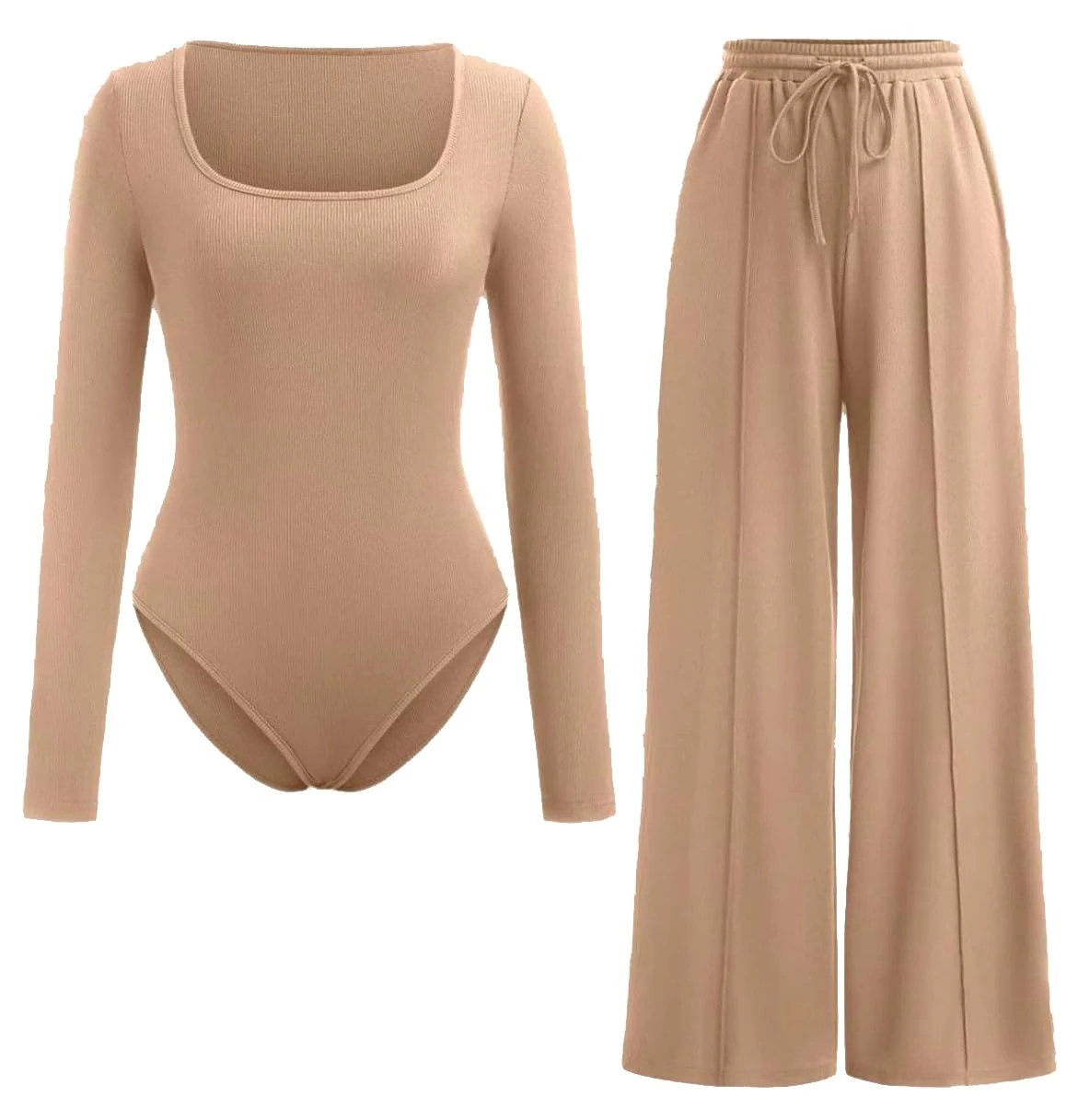 FAIRY TRENDZ Ladies Square Neck Bodysuit Trouser Set Womens Long Sleeve Ribbed Bodysuit & Elastic Wide Leg Trouser 2 Piece Set Stretch Leotard Top Palazzo