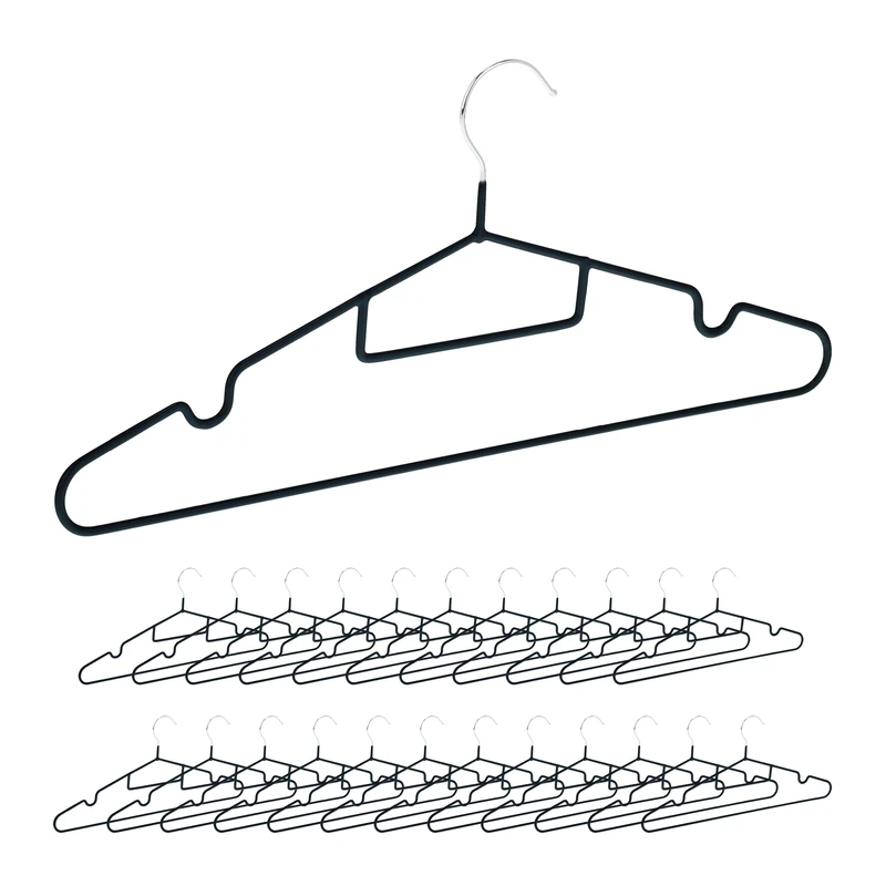 Relaxdays Set of 24 Hangers, Non-Slip, Crossbar, Notches for Tops & Dresses, Tie Holder, Space-Saving Design, Black, Iron, 18.5 x 40.5 x 0.4 cm