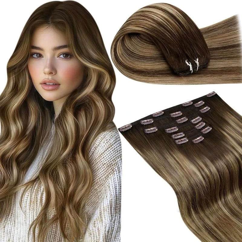 LaaVoo Clip in Hair Extensions Real Human Hair Dark Barown Hair Extensions Clip in 16 Inch 135g 7pcs Full Head Straight Balayage Mix Blonde Remy Hair Double Weft #4/27/4