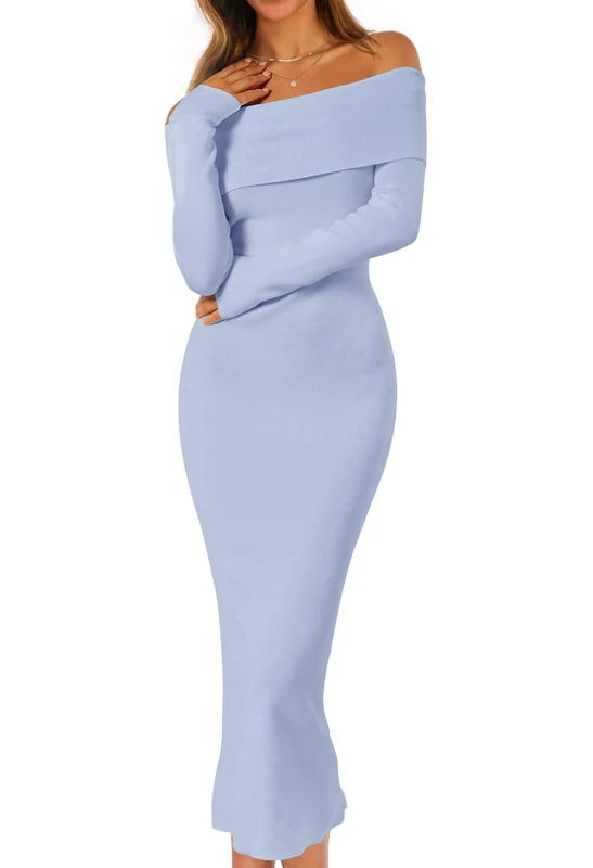 Merokeety Women's Fall Off Shoulder Bodycon Sweater Dress Formal Long Sleeve Elegant Cocktail Party Midi Maxi Dresses, Blue, S