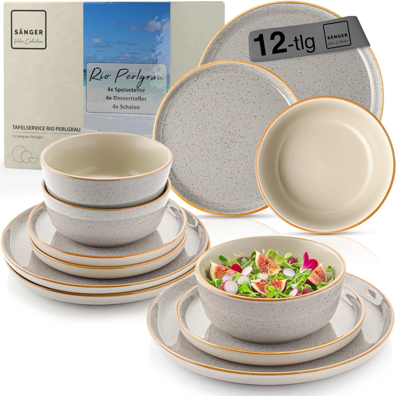 SÄNGER Rio Perlgrau | Dinner Service 12 Pieces, Stoneware Crockery Set for 4 People, 4 x Dinner Plates, 4 x Dessert Plates, 4 x Bowls Crockery Set and Bowl Grey Value Collection