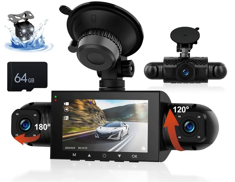 CAMECHO 4 Channel Dash Cam Front and Rear Inside, 360° Dashcam Inserted 64GB TF Card, Dash Camera for Cars, 3" IPS Screen, Night Vision, G-Sensor, Loop Recording, Driving Recorder, Car Camera