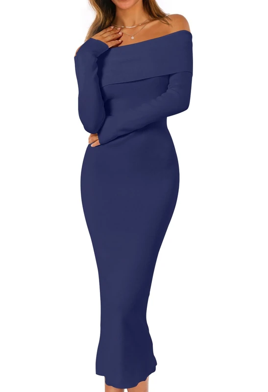 MEROKEETY Women's Fall Off Shoulder Bodycon Sweater Dress Formal Long Sleeve Elegant Club Party Midi Maxi Dresses, Navy, S