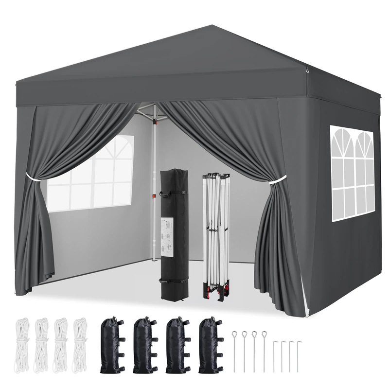 Yaheetech Pop-Up Gazebo 2x2 with 4 Removable Side Panels, Silver-costed Oxford Marquee Canopy with Wheeled Bag & Sandbags, Metal Frame Shelter Tent for Outdoor Garden Party Camping, Dark Grey