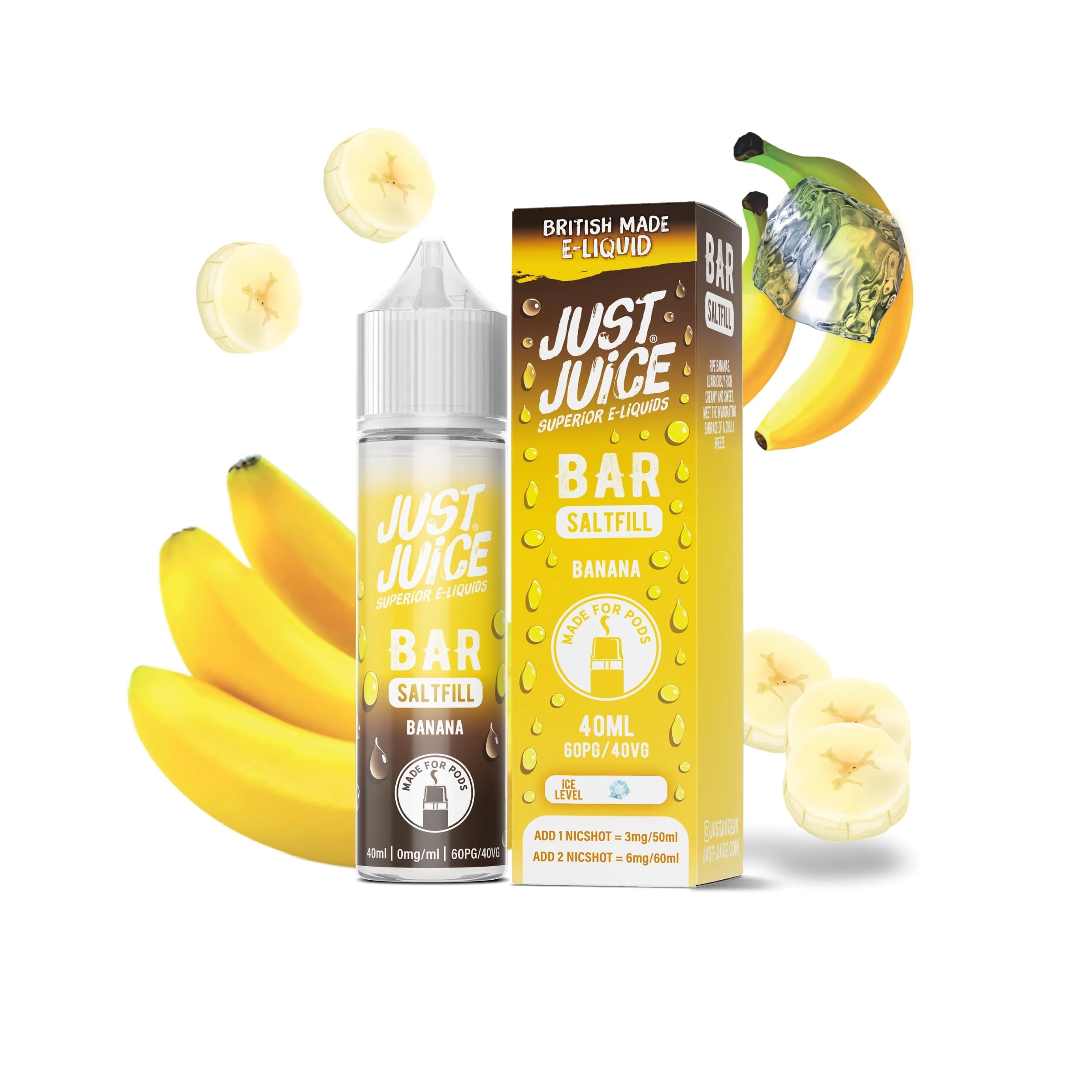 Just Juice Superior E-Liquids Bar Saltfill Vape Liquid with - Banana Flavour - 60ml Bottle with 40ml of Super Concentrated Juice, 60/40 0mg e-Liquid