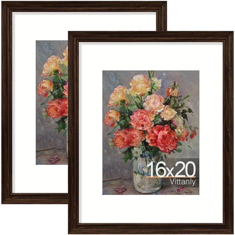 Vittanly 16x20 Picture Frames Set of 2, Ornate Vintage Photo Frame for Wall Mount, Display 11x14 Pictures with Mat or 16x20 without Mat, Rustic Brown