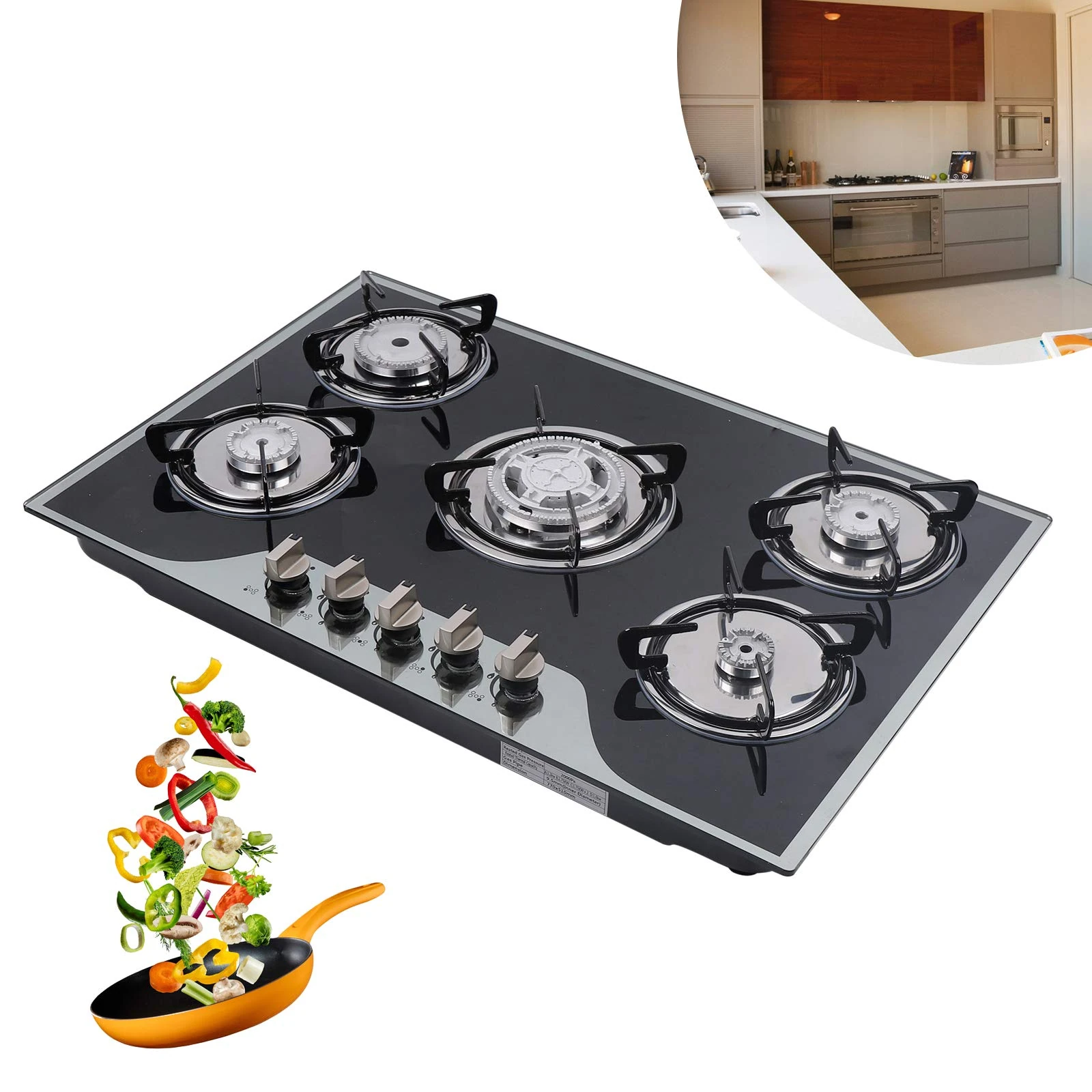 Charocean 5 Burner Gas Hob Built-in Stove 77x51cm Gas Burner NG/LPG Gas Stove Gas Cooktop with Enamel Supports & Wok Burner, Black Tempered Glass