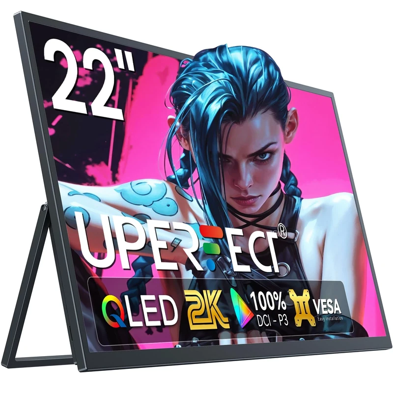 UPERFECT QLED 22” Portable Monitor 2K w/Kickstand & VESA, 2560 * 1440 QHD FreeSync HDR Large Portable Gaming Monitor with mini HDMI Type C, Frameless External Matte Display for PC, Laptops, Phone