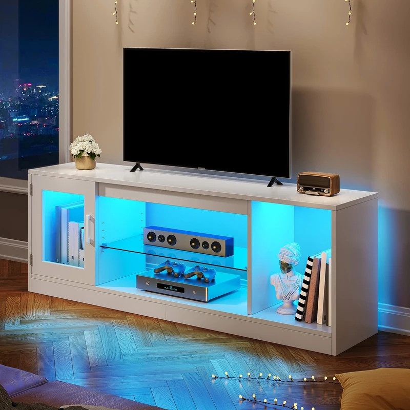 YITAHOME TV Cabinet Stand Unit 148CM TV Table Modern Style for TVs up to 65 Inch TV Flat Screen with Open Adjustable Glass Storage Shelves for Living Room, Gaming Entertainment Room, Hallway, Bedroom
