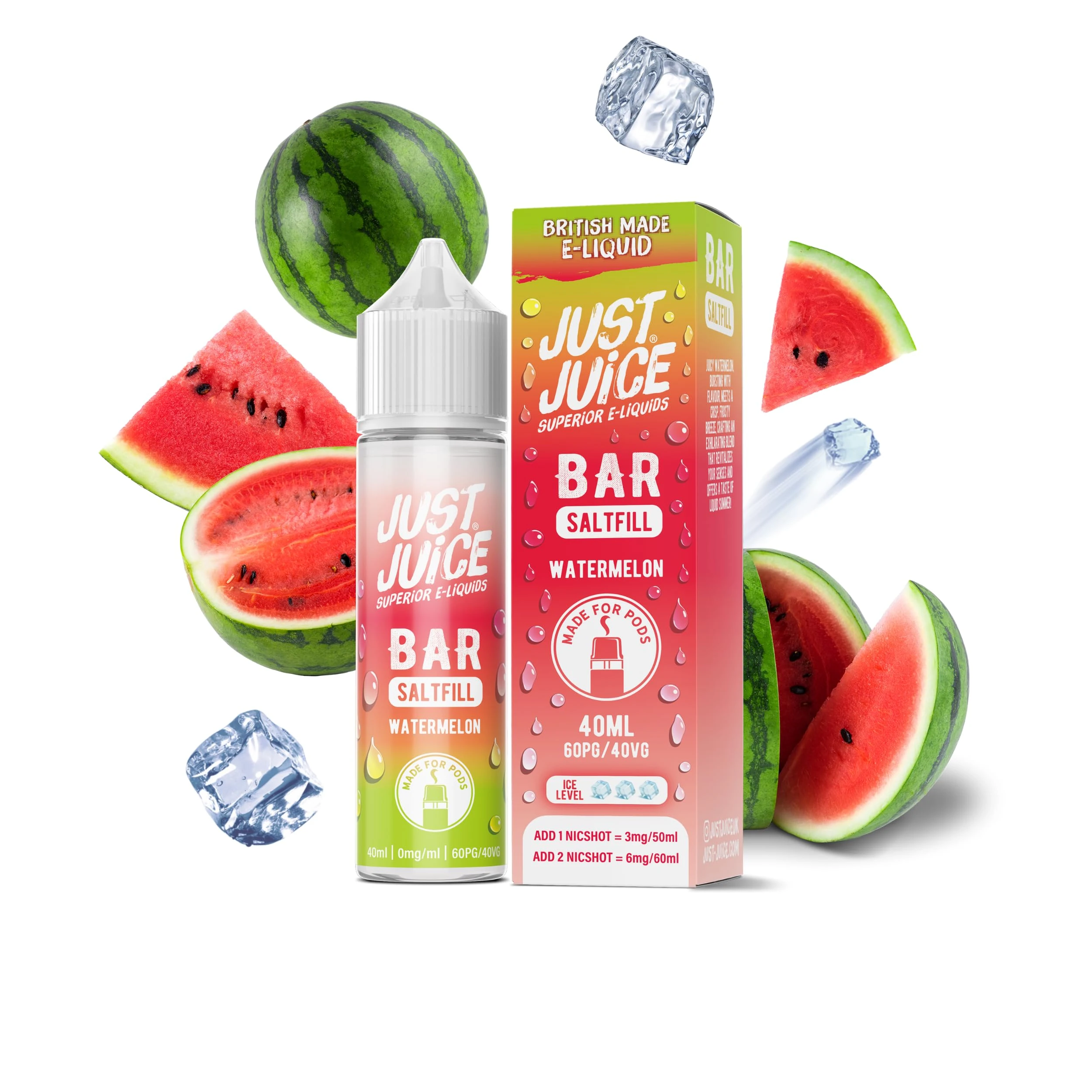 Just Juice Superior E-Liquids Bar Saltfill Vape Liquid - Watermelon Flavour - 60ml Bottle with 40ml of Super Concentrated Juice, 60/40 0mg e-Liquid
