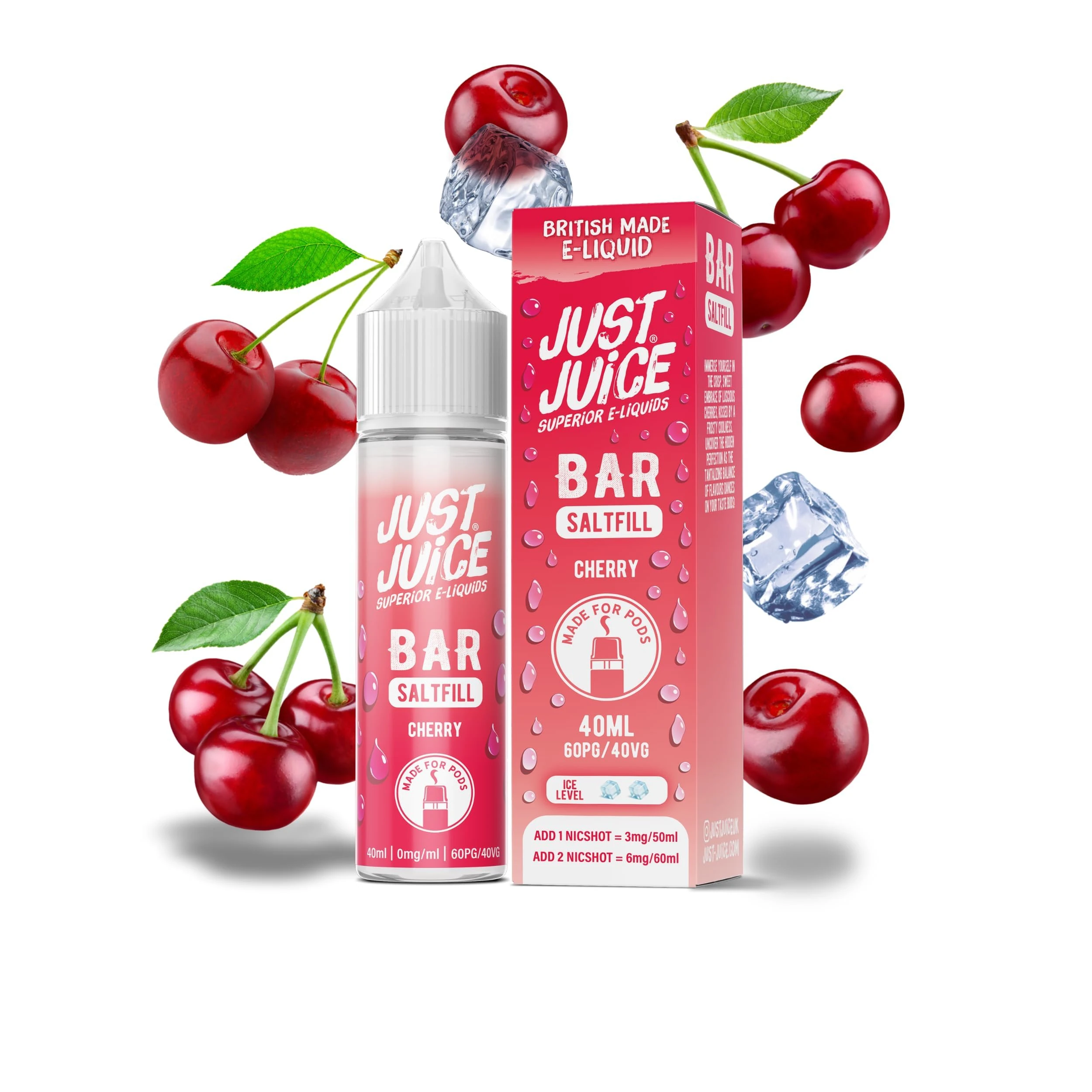 Just Juice Superior E-Liquids Bar Saltfill Vape Liquid - Cherry Flavour - 60ml Bottle with 40ml of Super Concentrated Juice, 60/40 0mg e-Liquid