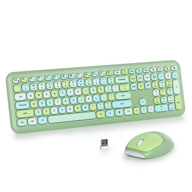SbocKeeb Green Keyboard and Mouse Wireless, Full-Size Cute Typewriter Silent Colorful Keyboard Mouse Combo 2.4G Cordless Connection, American QWERTY for Desktop, Laptop 666-Green