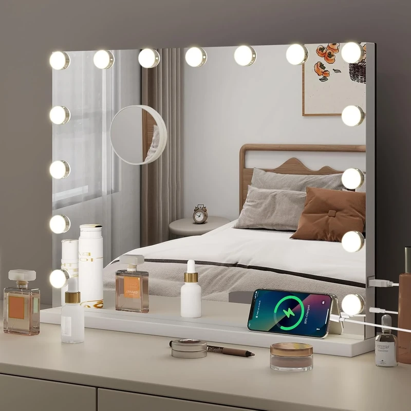 eklipt Hollywood Vanity Mirror with Lights, 58×45m Large Lighted Makeup Mirror with 15 Dimmable LED Bulbs, Touchscreen Control, USB Output Port Tabletop or Wall Mounted Light Up Mirror For Bedroom