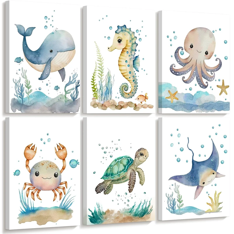 Nursery Sea Animal Wall Decor Set of 6 Ocean Watercolor Canvas Wall Art Baby Boys Room Wall Art Ocean Sea Animal Pictures Kids Girl Art Prints Nursery Artwork for Bedroom 12x16 Inch Framed