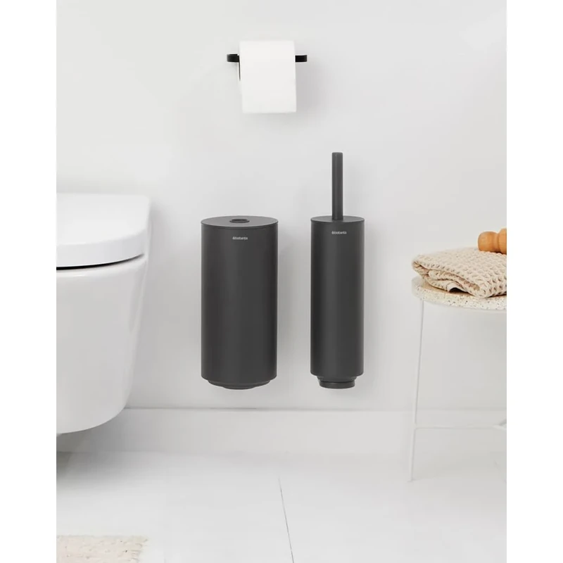 Brabantia - Mindset Toilet Accessory Set - Toilet Brush, Roll Holder and Roll Dispenser - Hygienic Bristle Brush - Corrosion Resistant - Fixing Materials Included - Bathroom Set of 3 - Infinite Grey