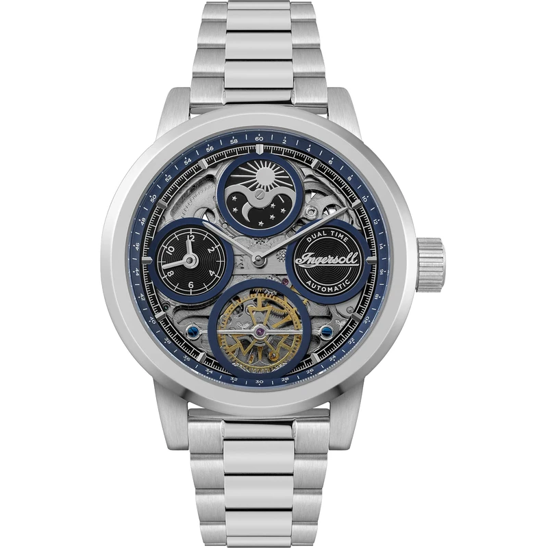 Ingersoll The Arc Mens 44mm Automatic Watch with Blue Skeleton Dial and Silver Stainless Steel Bracelet I16003
