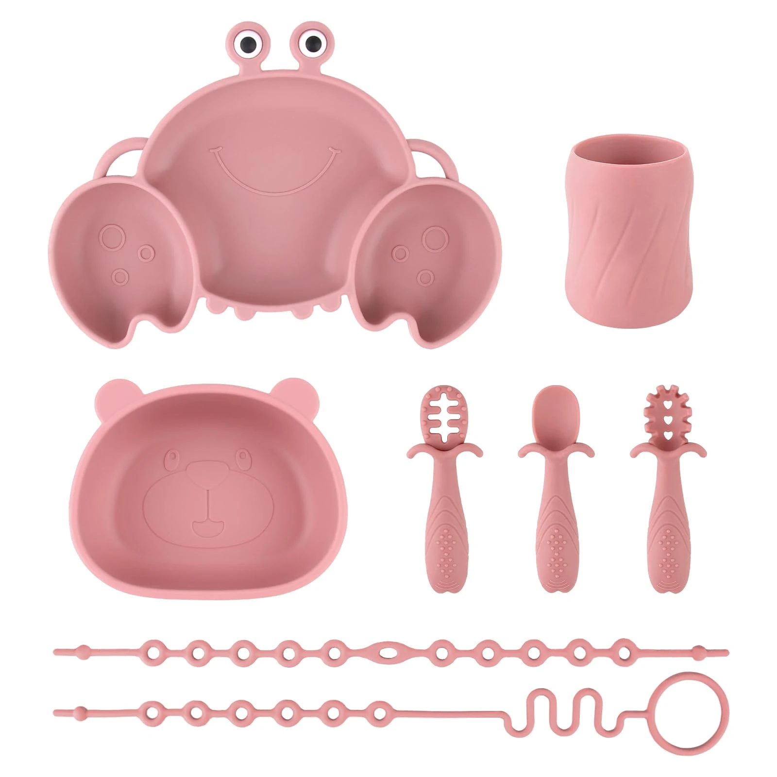 Silicone Baby Feeding Set, 8-Piece Baby Led Weaning Supplies Included Toddler Suction Plate, Bowl, Cup, 3 Spoons & 2 Safety Straps Keep Bottle & Pacifier Off The Floor for Self-Feeding (Rose)