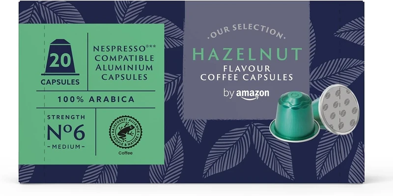 by Amazon Hazelnut Flavoured Aluminium Coffee Capsules, Nespresso Compatible, 20 Count (1 pack of 20) - Rainforest Alliance Certified