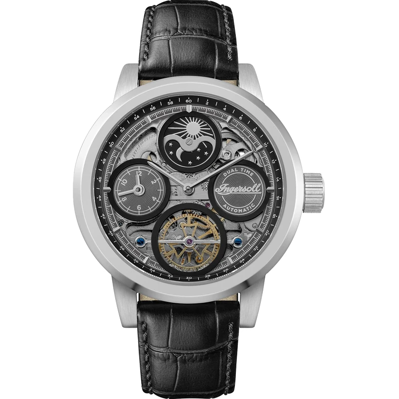 Ingersoll The Arc Mens 44mm Automatic Watch with Black Skeleton Dial and Black Leather Strap I16001