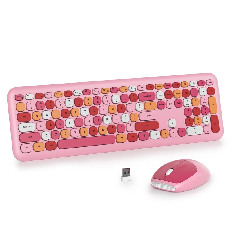 SbocKeeb Pink Keyboard and Mouse Wireless, Full-Size Cute Typewriter Silent Colorful Keyboard Mouse Combo 2.4G Cordless Connection, American QWERTY for Desktop, Laptop 666-Pink