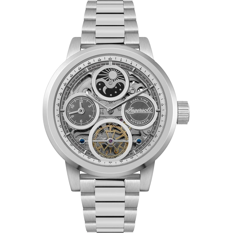 Ingersoll The Arc Mens 44mm Automatic Watch with Silver Skeleton Dial and Silver Stainless Steel Bracelet I16002