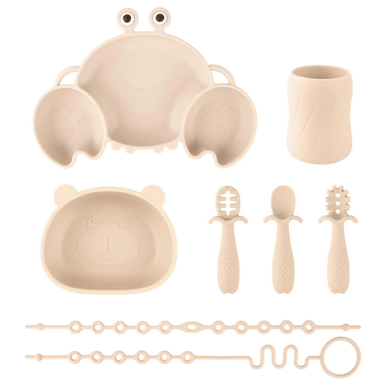 Silicone Baby Feeding Set, 8-Piece Baby Led Weaning Supplies Included Toddler Suction Plate, Bowl, Cup, 3 Spoons & 2 Safety Straps Keep Bottle & Pacifier Off The Floor for Self-Feeding (Beige)