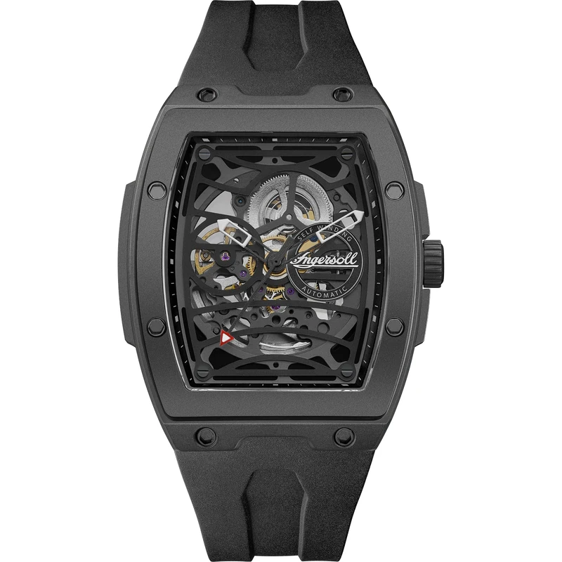 Ingersoll The Rim Mens 42mm Automatic Watch with Black Skeleton Dial and Black PU Strap I16201