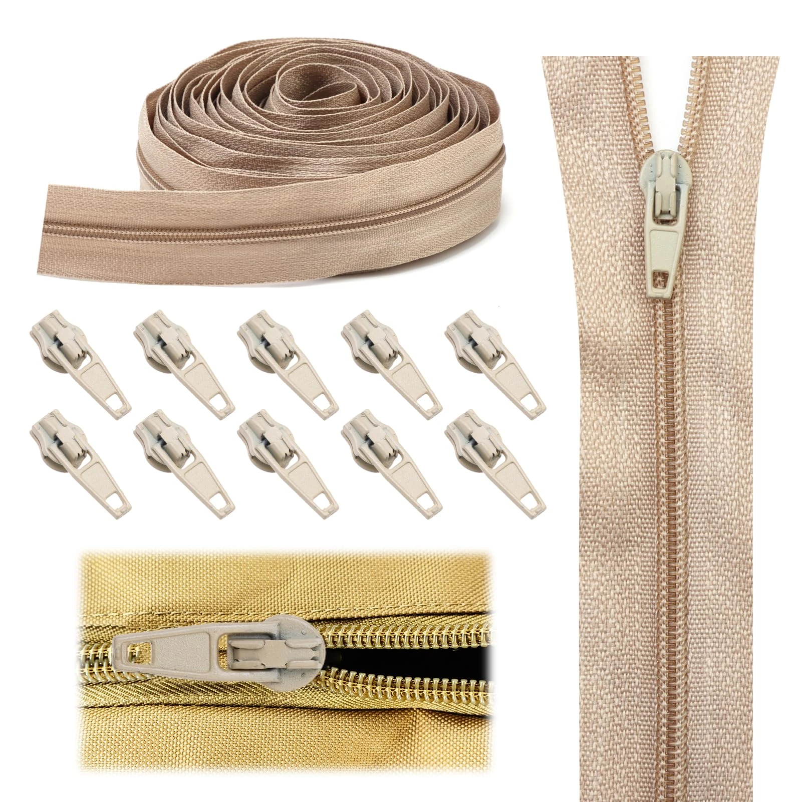 Continuous Zipping Chain 5m Beige Zipper Size 3# Nylon Cushions Upholstery Zips for Sewing Heavy Duty Trimmable on Roll NO.3 Pullers for DIY Sewing Tailor Craft Bag （ 5m / 10 Zipper Sliders