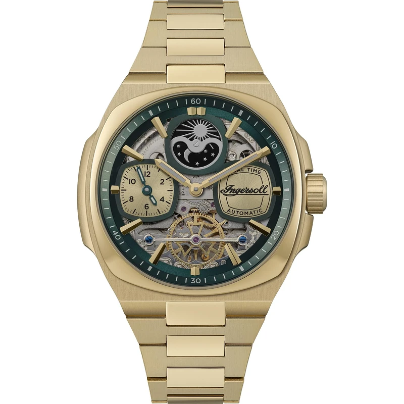 Ingersoll The Spirit Mens 46.7mm Automatic Watch with Green Dial and Gold Stainless Steel Bracelet I15803
