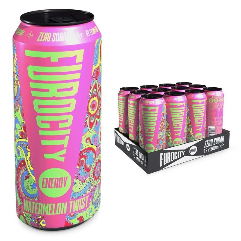 Furocity Sugar Free Energy Drink, Watermelon Twist, 157mg Caffeine, Low Calorie, Zero Sugar, High in Vitamins C, B6, B12, Taurine, Vegan, 12 x 500ml Cans