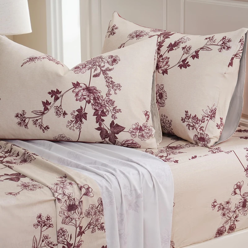 Zusbest Queen Sheet Set 100% Percale Cotton Red Floral Bed Sheet Set, Brushed for Extra Softness, Luxury Toile Flannel Like Sheets Shabby Vintage Flower Print Deep Pocket Sheets 17.5'' 4 Pcs