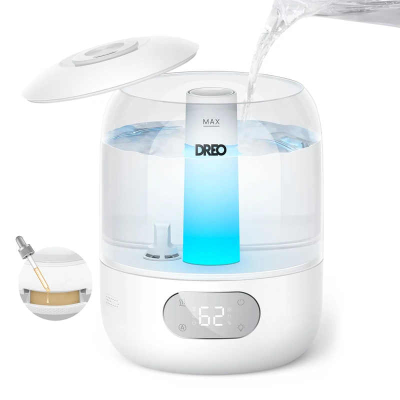 Dreo Humidifier for Bedroom with Sensor, 26dB Quiet Cool Mist Ultrasonic Humidifiers for Home, 360° Nozzle, 30H Runtime, Ambient Light Indicator, Essential Oil Diffuser, Room, Plants, Nursery, White