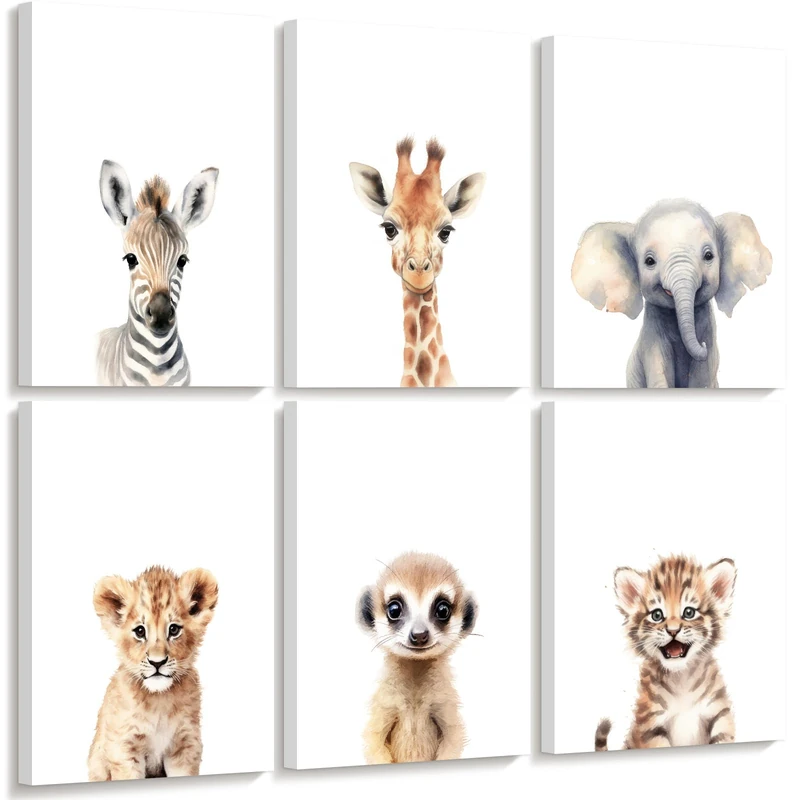 Safari Nursery Wall Art Decor Set of 6 Baby Animal Wall Art Kids Canvas Wall Art Safari Nursery Pictures Jungle Animal Prints Baby Boy Art Giraffe Painting for Room Bedroom 12x16 Inch Framed