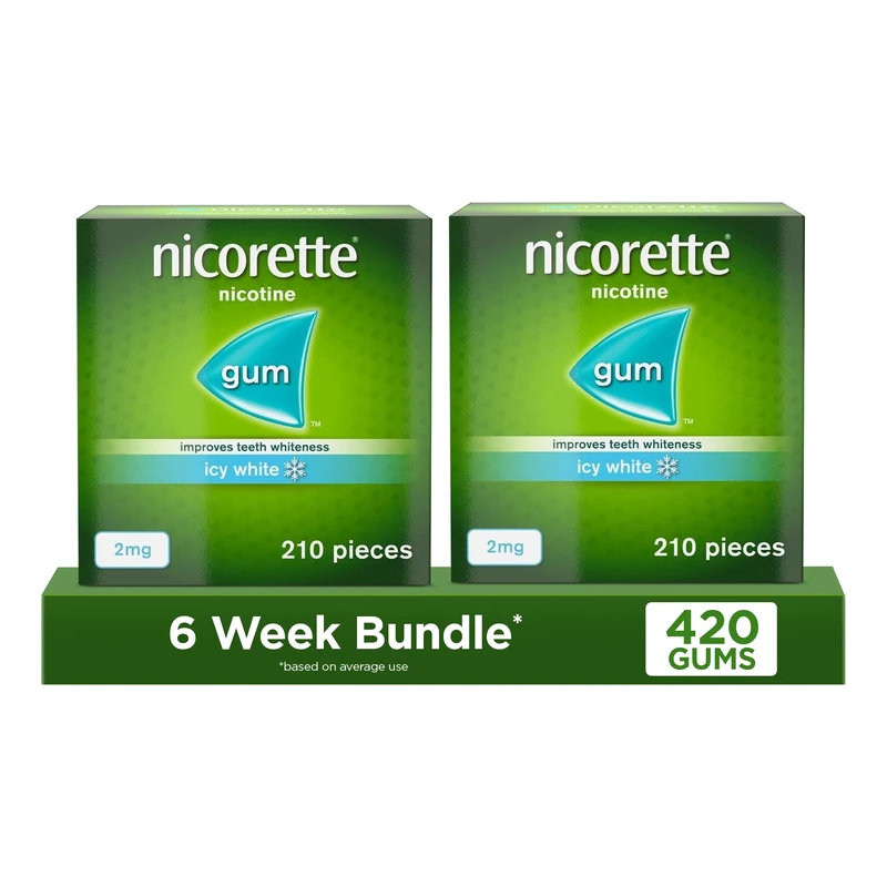 Nicorette Icy White 2mg Gum (210 Pieces), Discreet and Fast-Acting, Stop Smoking Aid to Help You Quit For Good, Nicotine Gum With Teeth Whitening Properties (Pack of 2)
