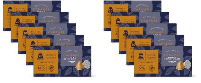 by Amazon Caramel Coffee Nespresso Compatible Aluminium Capsules, 100 Count (10 Packs x 20) - Rainforest Alliance Certified