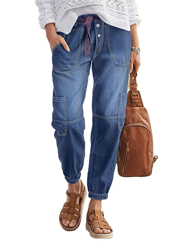 Flamingals Straight Leg Button Fly Jeans for Women Multi Pocket Mid Rise Jeans Without Belt Denim Pants, Mid Blue, XS