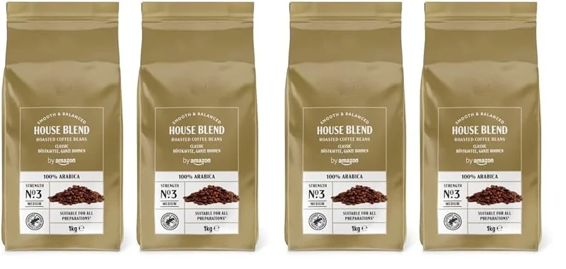 by Amazon House Blend Coffee Beans, Medium Roast, 2kg (4 Packs of 1kg), Rainforest Alliance Certified