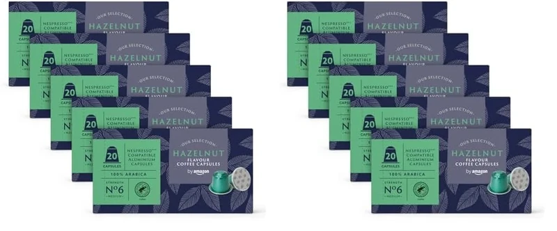 by Amazon Hazelnut Coffee Nespresso Compatible Aluminium Capsules, 100 Count (10 Packs x 20) - Rainforest Alliance Certified