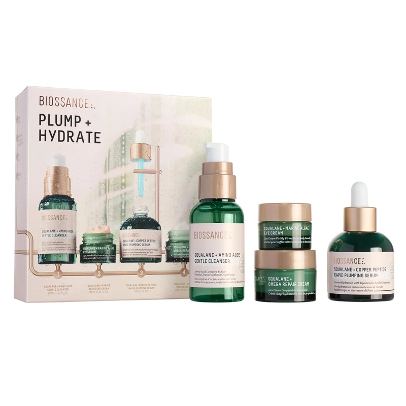BIOSSANCE Plump and Hydrate Skincare Set - Amino Aloe Gentle Foaming Cleanser, Marine Algae Eye Cream, Copper Peptide Rapid Plumping Serum & Omega Moisturizer For Face Lock In Hydration For Your Skin
