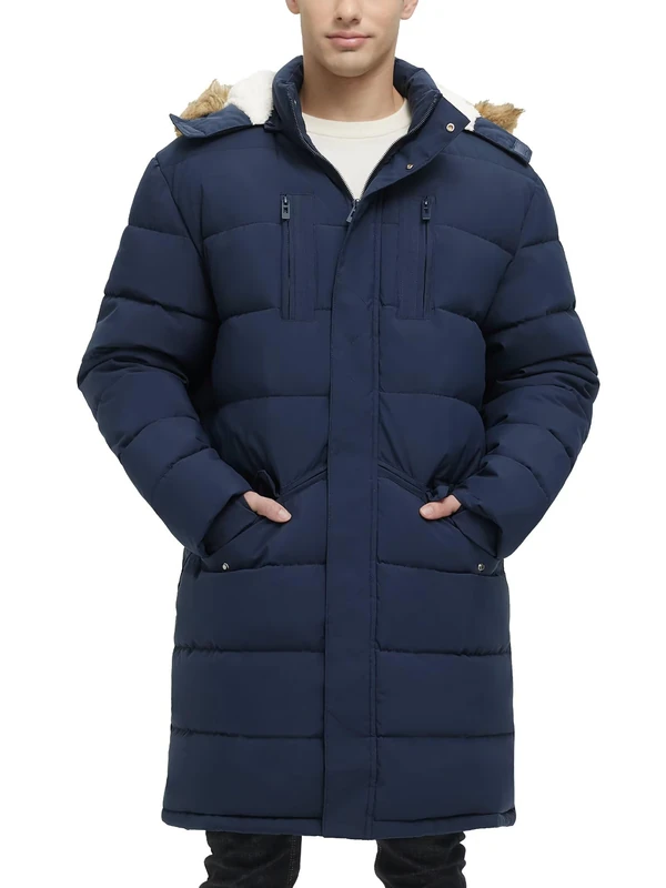Rejork Men's Extra Long Fleece Puffer Jacket Outerwear Winter Coats Hooded Parka Warm Water-resistant Cold Weather, Navy, XX-L - Image 1