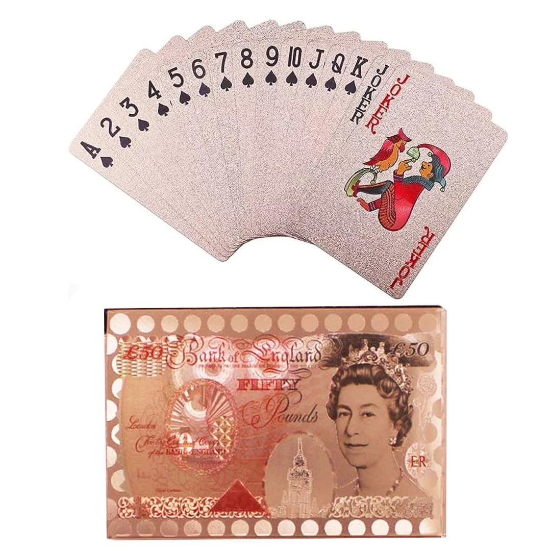 Mr. Gadget's Solutions Premium-Quality Plated Waterproof Playing Cards – Plastic Deck for Poker, Party Fun – Great for Home, and Gift-Giving Deck for Every Occasion (Pound £, Rose Gold)