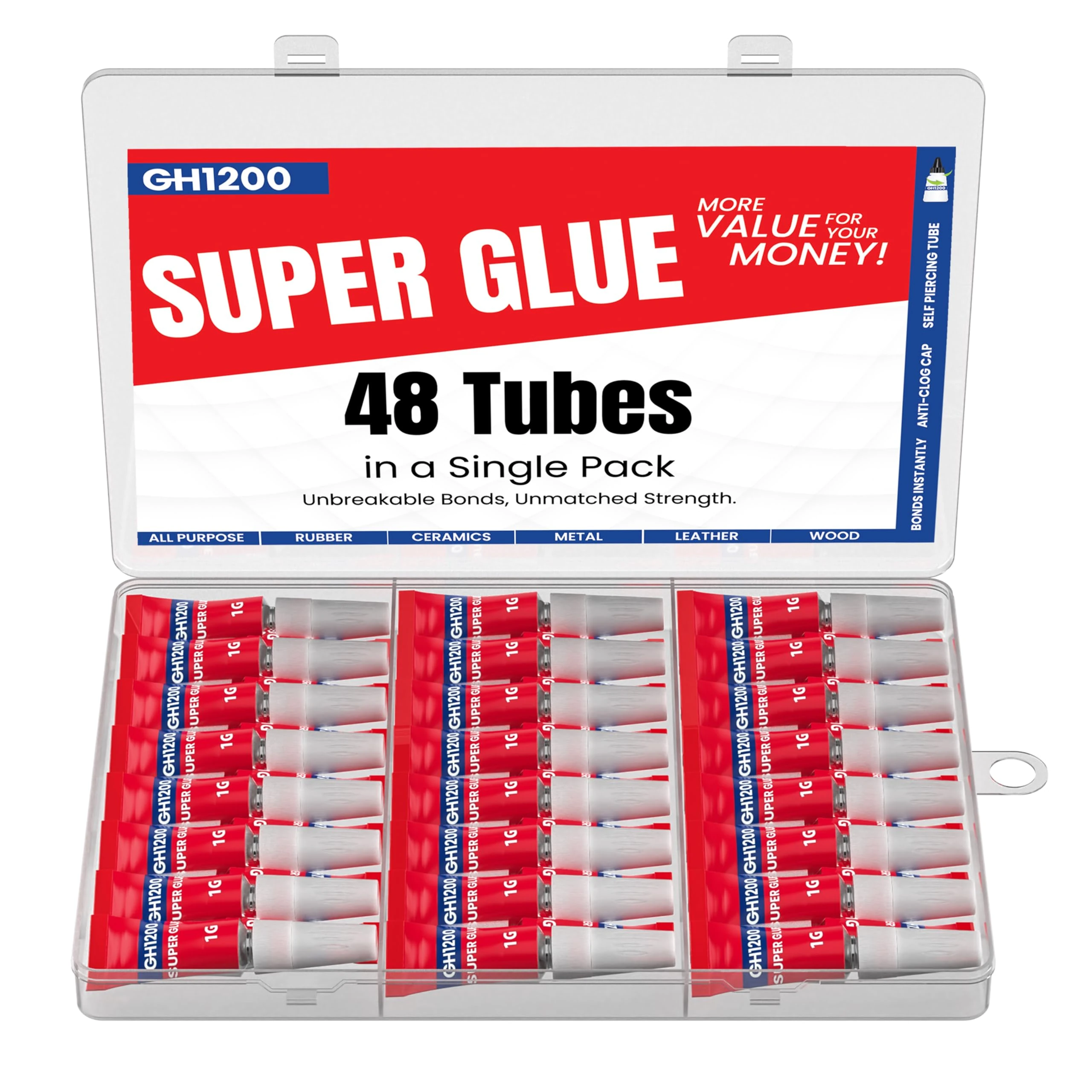 GH1200 1g x 48 Superglue with Anticlog Cap - Super Glue All Purpose Superfast, Thick & Strong Glue for Hard Plastics, DIY Craft, Ceramics, Frame, Leather, Metal and Many More