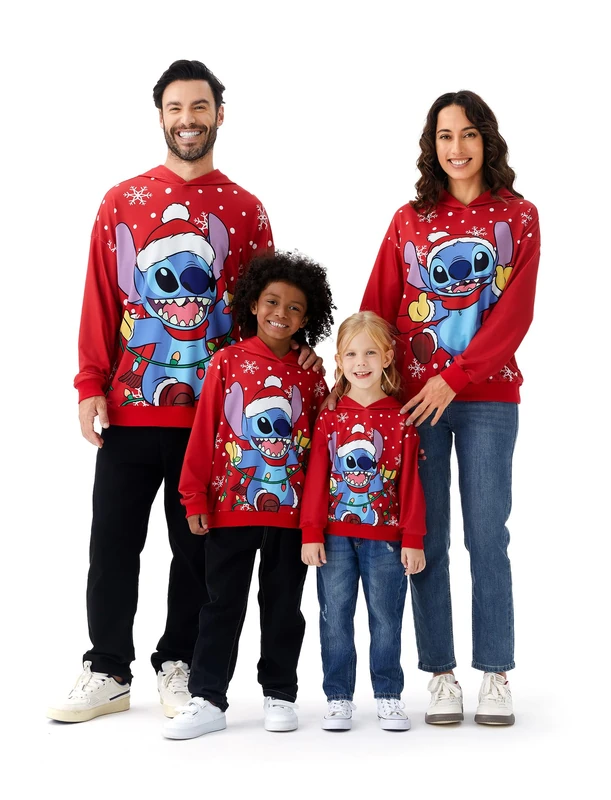 Disney Mickey and Friends Family Matching Christmas Hooded Sweatshirt Casual Mickey Snow Pattern Long Sleeve Pullover Hoodies, Red Stitch, Medium